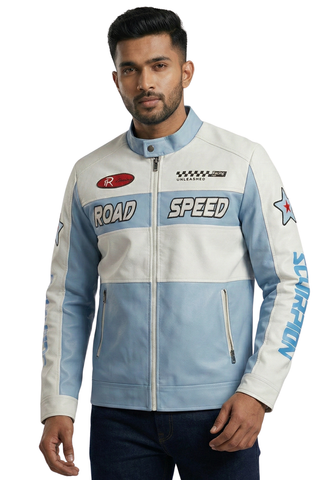 Racing Woven PU Jacket - Sky Blue/White