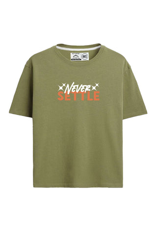 Olive Green “Never Settle” Motivational Graphic T-shirt