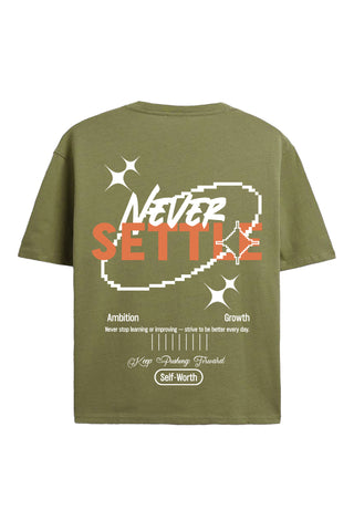 Olive Green “Never Settle” Motivational Graphic T-shirt