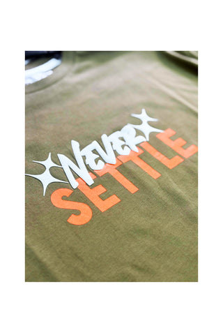 Olive Green “Never Settle” Motivational Graphic T-shirt