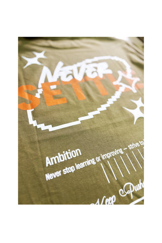 Olive Green “Never Settle” Motivational Graphic T-shirt
