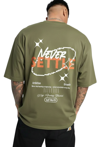 Olive Green “Never Settle” Motivational Graphic T-shirt